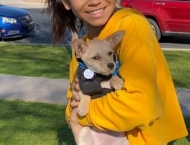 girl holding dog up for adoption at Dobson Ranch 2020 Winter Bark in the Park event