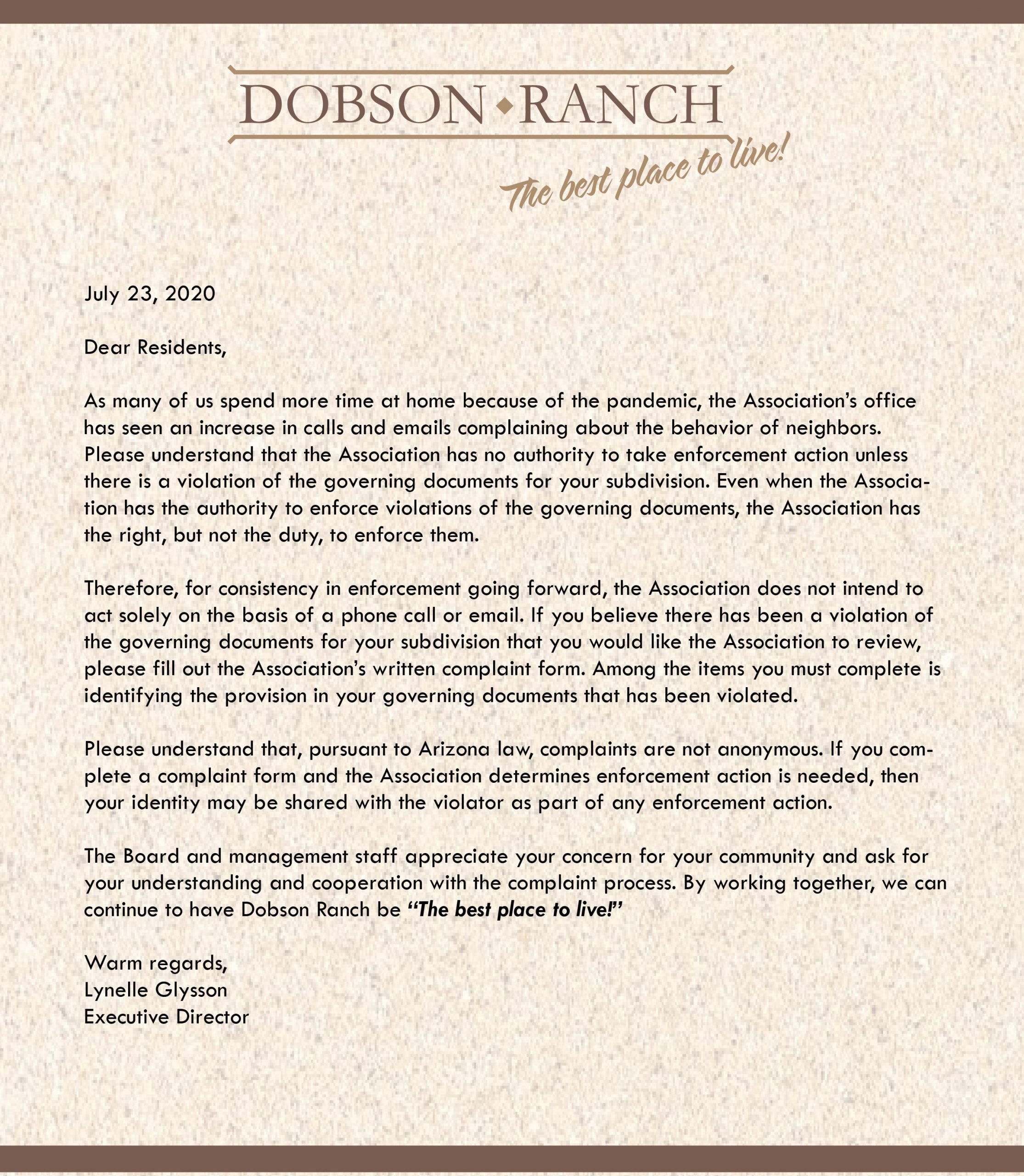 Letter to Our Residents – July 23, 2020