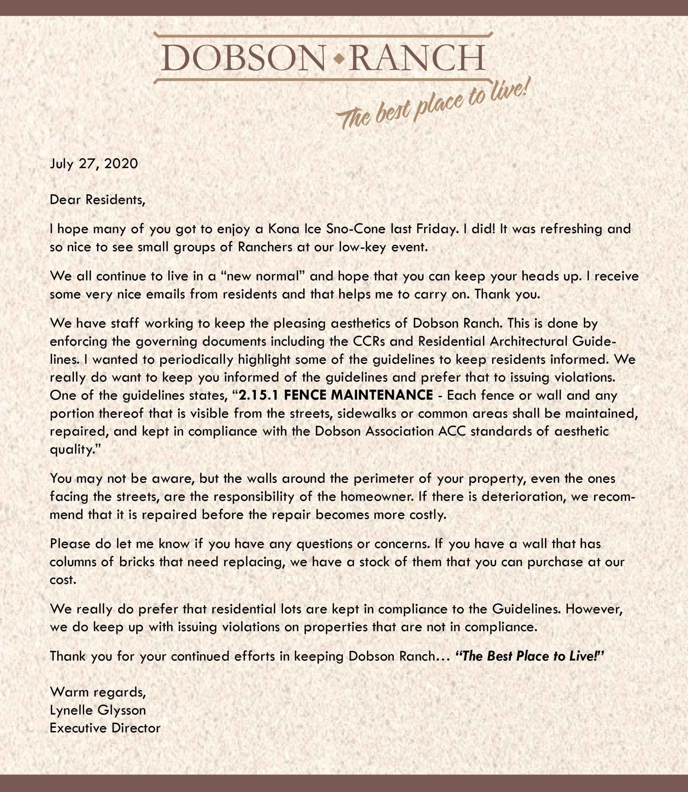 Letter to our Residents – July 27, 2020
