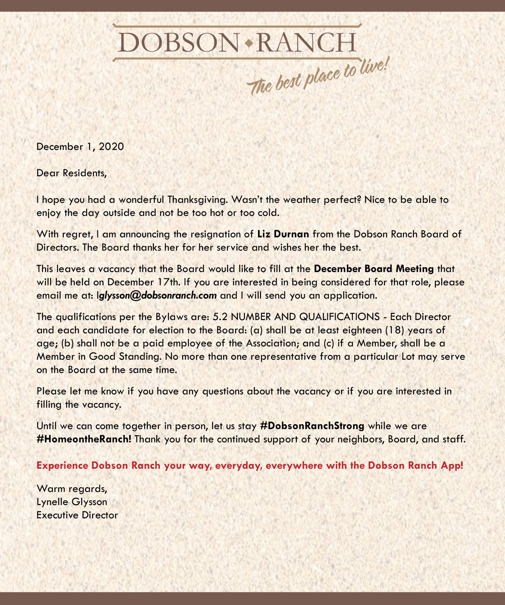 Letter to Our Residents – December 1, 2020