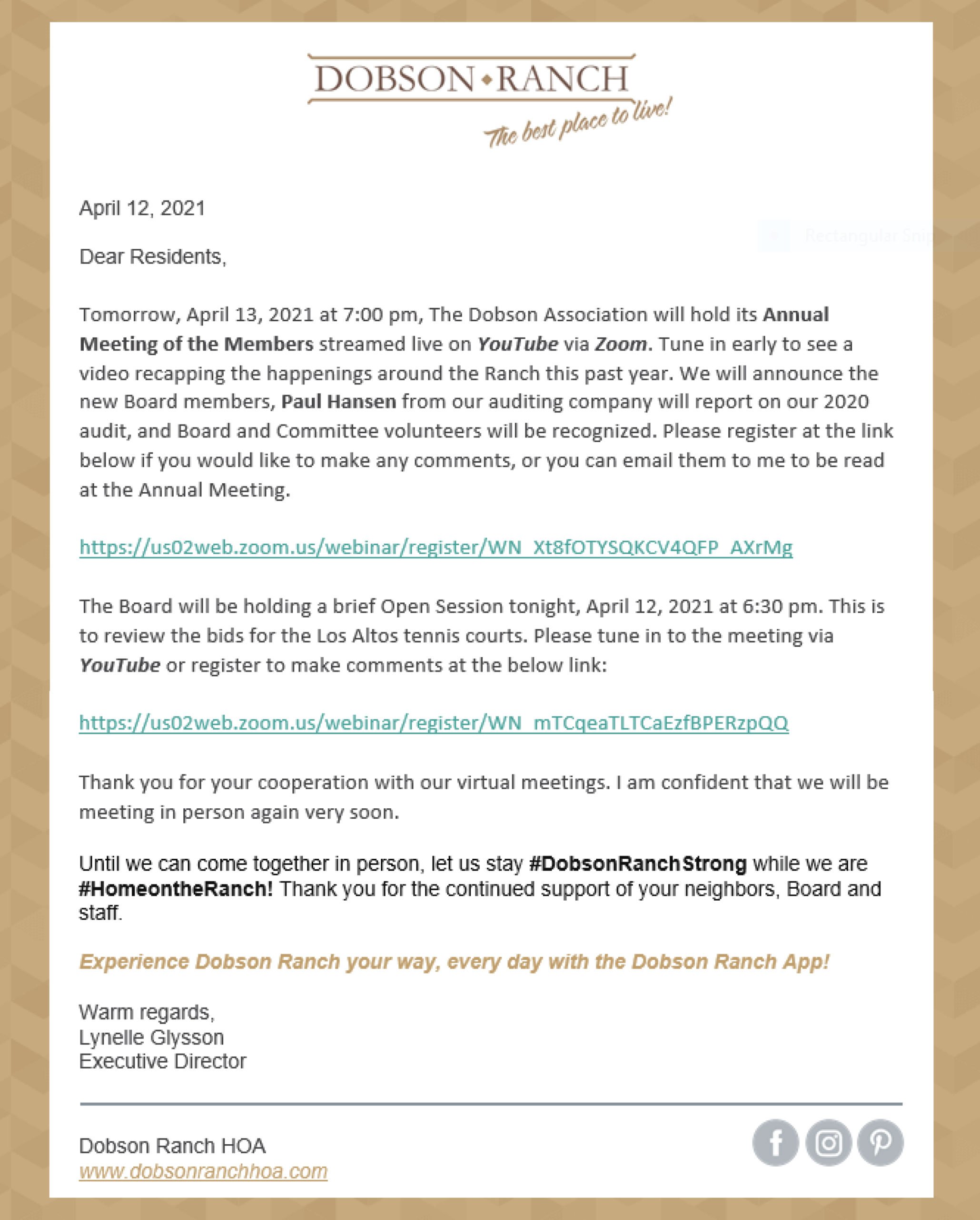 Letter to our Residents – April 12, 2021