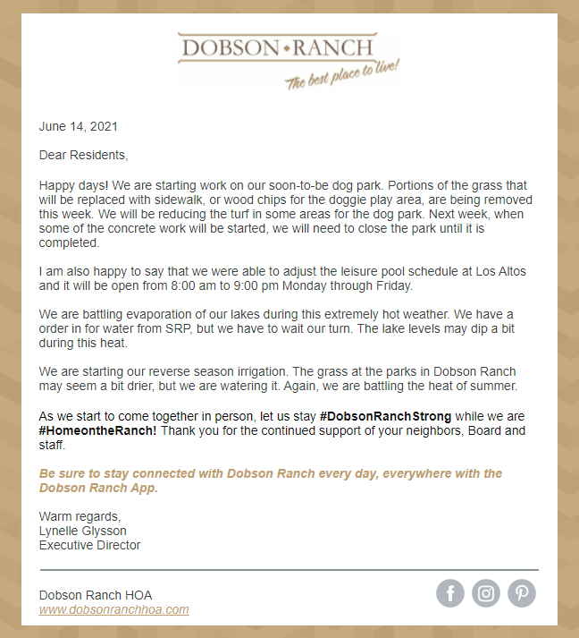 Letter to Our Residents - June 14, 2021