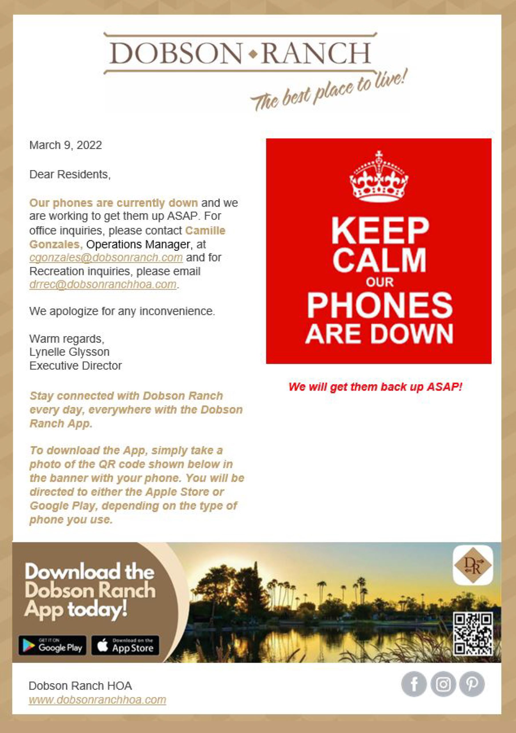 Phone Lines are Down Letter – 3-9-2022